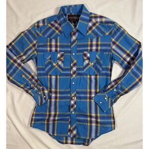 Rock & Roll Denim Shirt Mens S Long Sleeve Plaid Western Pearl Snap Modern Fit